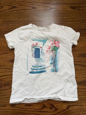 Crewcuts White Tee with Blue Door and Floral Stairway